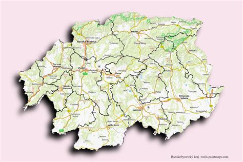 Mapa Banskobystrického kraja s vyznačenými zrekonštruovanými úsekmi ciest