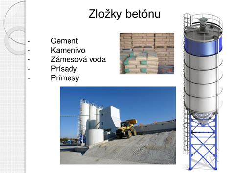 Zložky betónovej zmesi: cement, kamenivo a voda