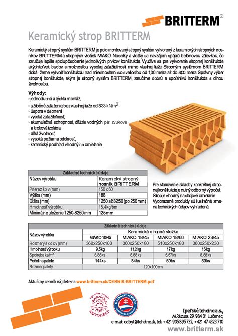 Tabuľka technických parametrov tehál Britterm