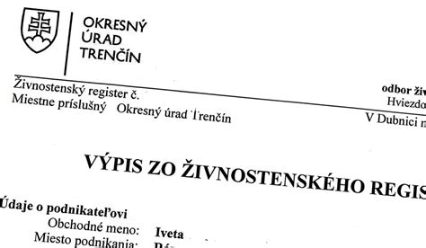 Výpis zo živnostenského registra - detail