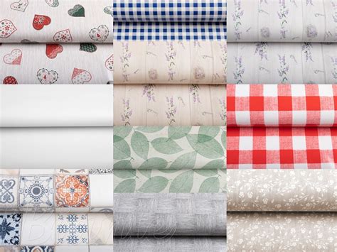 Koláž rôznych PVC obrusov s ovocnými a kvetinovými motívmi