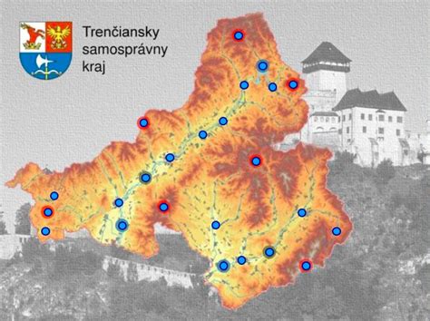 Mapa Trenčianskeho kraja so zvýraznenými mestami