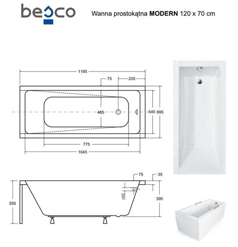 Schéma: Rozmery vane Besco Modern 120x70 cm