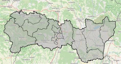 Mapa Košického samosprávneho kraja s vyznačenými regiónmi