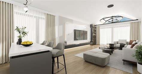 Vizualizácia moderného apartmánu so šikmými stropmi