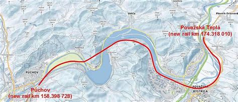 Mapa modernizovaného úseku železničnej trate Púchov - Považská Teplá
